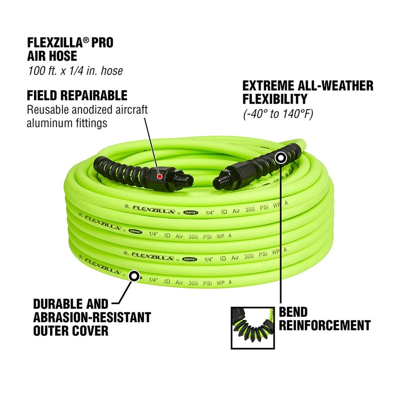 Flexzilla Pro خرطوم هواء فليكسزيلا HFZP14100YW2 زيلاغرين برو بطول 100 قدم | 1/4" قطر الخرطوم | مرونة في جميع الأحوال الجوية | خفيف وسهل الاستخدام | لا يتشابك تحت الضغط - Image 3